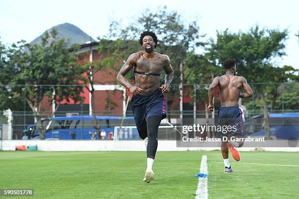 DeAndre Jordan of the USA Basketball Men's National Team works out at a practice during the Rio 2016 Olympic Games on August 16, 2016 at the Flamengo...