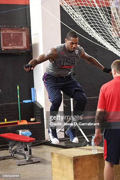 Carmelo Anthony of the USA Basketball Men's National Team works out at a practice during the Rio 2016 Olympic Games on August 16, 2016 at the...