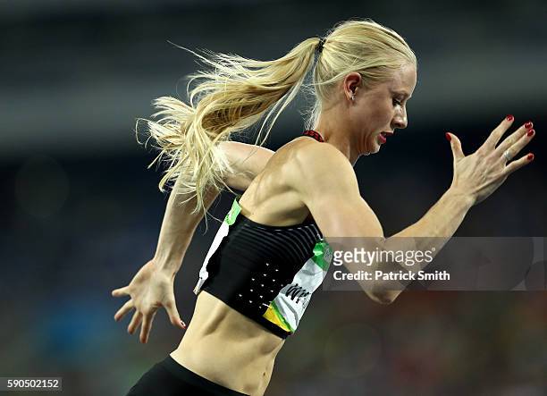 Sage Watson of Canada competes in the Women's 400m Hurdles Semifinals on Day 11 of the Rio 2016 Olympic Games at the Olympic Stadium on August 16,...