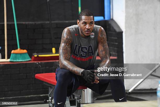 Carmelo Anthony of the USA Basketball Men's National Team works out at a practice during the Rio 2016 Olympic Games on August 16, 2016 at the...