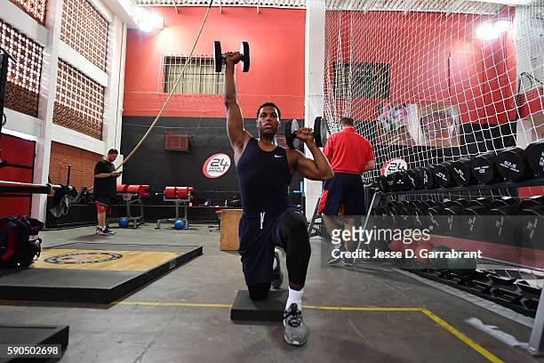 Kyle Lowry of the USA Basketball Men's National Team works out at a practice during the Rio 2016 Olympic Games on August 16, 2016 at the Flamengo...