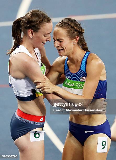 Laura Weightman of Great Britain hugs bronze medalist Jennifer Simpson of the United States after the Women's 1500m Final on Day 11 of the Rio 2016...