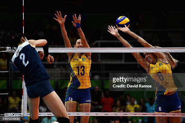 Sheila Castro de Paula Blassioli and Thaisa Menezes of Brazil in action during the Women's Quarterfinal match between China and Brazil on day 11 of...