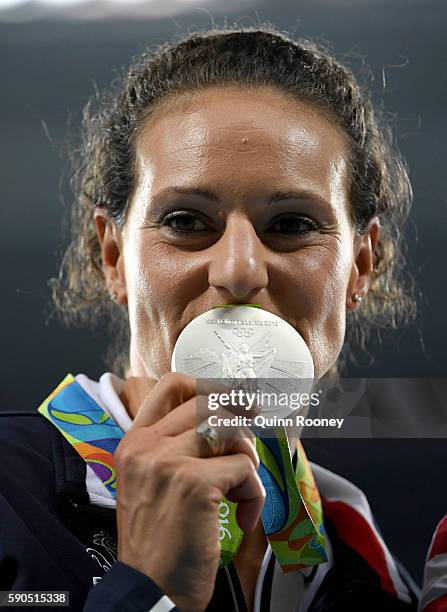 Silver medalist Melina Robert-Michon of France poses during the medal ceremony for the Women's Discus Throw Final on Day 11 of the Rio 2016 Olympic...