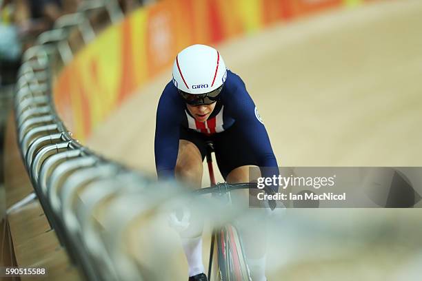 Sarah Hammer of the United States competes in the flying lap of the Women's Omnium at Rio Olympic Velodrome on August 16, 2016 in Rio de Janeiro,...