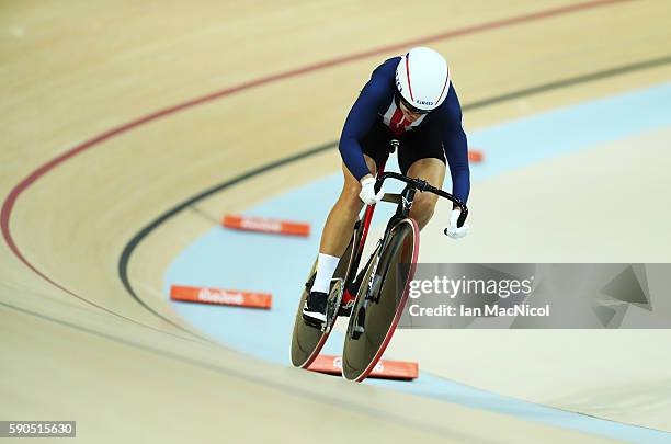 Sarah Hammer of the United States competes in the flying lap of the Women's Omnium at Rio Olympic Velodrome on August 16, 2016 in Rio de Janeiro,...