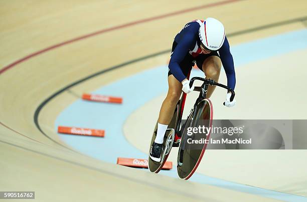 Sarah Hammer of the United States competes in the flying lap of the Women's Omnium at Rio Olympic Velodrome on August 16, 2016 in Rio de Janeiro,...