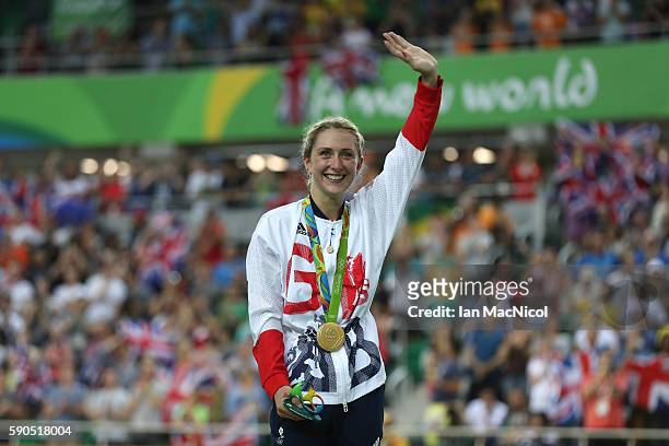 Laura Trott of Great Britain poses with her Gold medal after her victory in the Women's Omnium at Rio Olympic Velodrome on August 16, 2016 in Rio de...