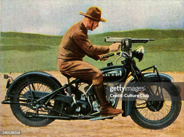Machine Gun Assault Rider American soldier of military motorcycle unit with machine gun fixed ...