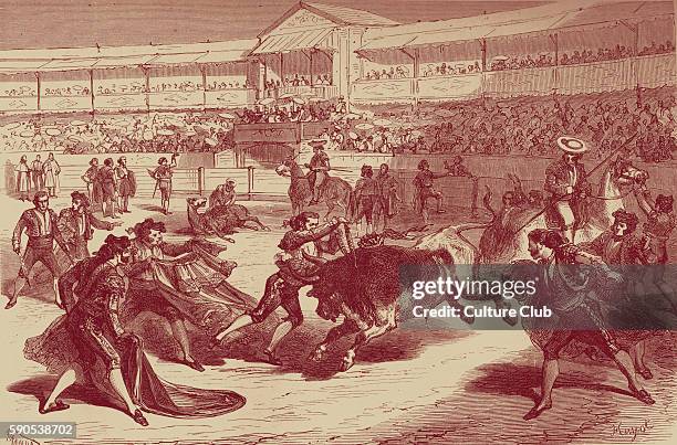 Spanish Bullfight scene, matadors perform in the ring on foot and on horseback.