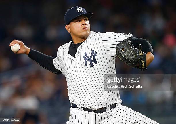 Dellin Betances of the New York Yankees in action against the Toronto Blue Jays iduring a game at Yankee Stadium on August 15, 2016 in the Bronx...