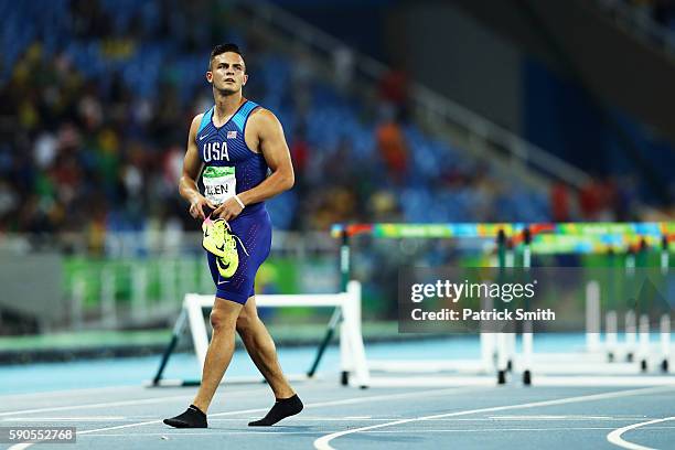 Devon Allen of the United States reacts after the Men's 110m Hurdles Final on Day 11 of the Rio 2016 Olympic Games at the Olympic Stadium on August...