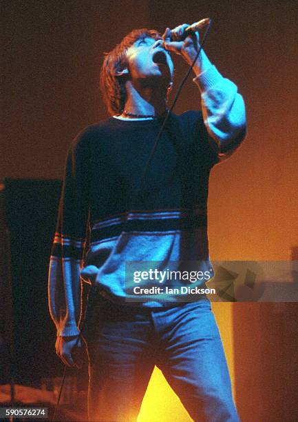 Damon Albarn of Blur performing on stage at Brixton Academy, London 5 April 1992.