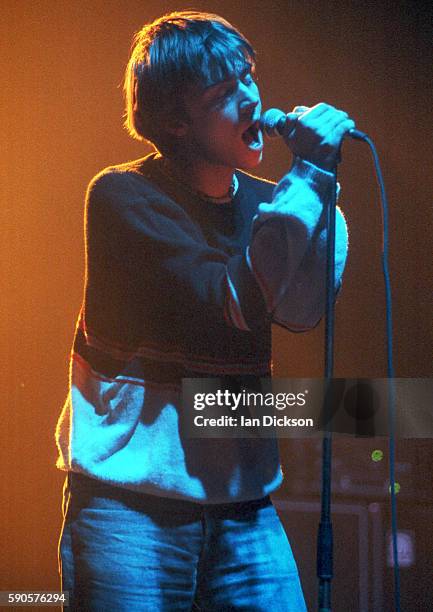 Damon Albarn of Blur performing on stage at Brixton Academy, London 5 April 1992.