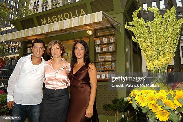 Mauro Gomes, Angelica Gomes and Jennifer Pfeiffer attend Magnolia Opens First Couture Flower / Plant Kiosk In Bryant Park at Magnolia Kiosk on August...