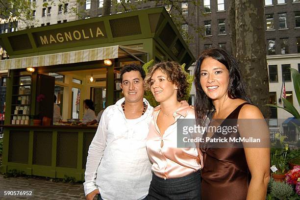 Mauro Gomes, Angelica Gomes and Jennifer Pfeiffer attend Magnolia Opens First Couture Flower / Plant Kiosk In Bryant Park at Magnolia Kiosk on August...