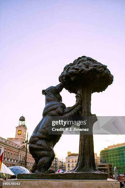 statue of the bear and the strawberry tree, madrid - madroño del pacífico fotografías e imágenes de stock