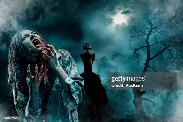 zombie im alten friedhof - zombie face stock-fotos und bilder