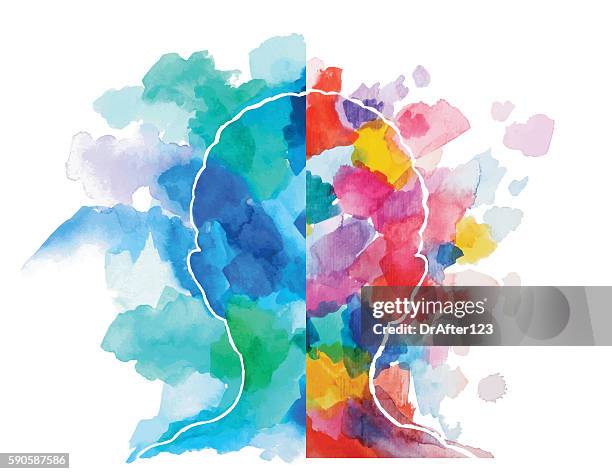 ilustraciones, imágenes clip art, dibujos animados e iconos de stock de cabeza de acuarela lógica vs pensamiento creativo - emociones