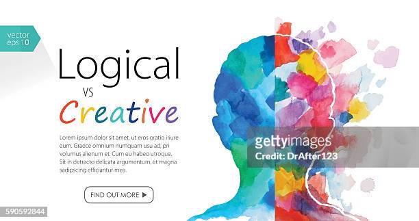 illustrazioni stock, clip art, cartoni animati e icone di tendenza di banner acquerello raffigurante pensiero logico vs creativo - emisfero cerebrale destro