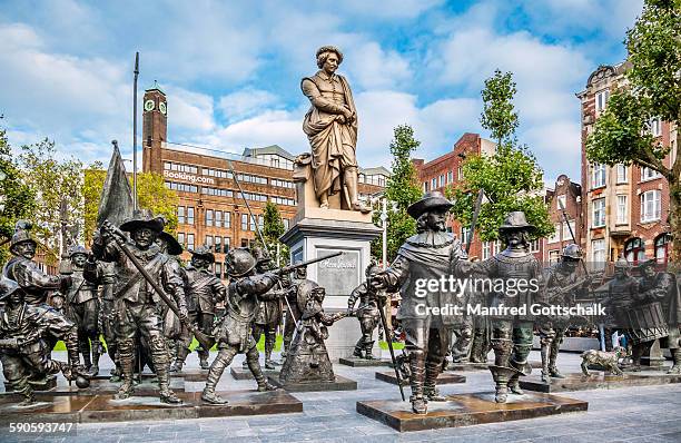 rembrandt memorial and night watch - rembrandt night watch stock pictures, royalty-free photos & images