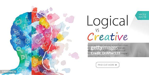 stockillustraties, clipart, cartoons en iconen met watercolor banner depicting logical vs creative thinking - right cerebral hemisphere