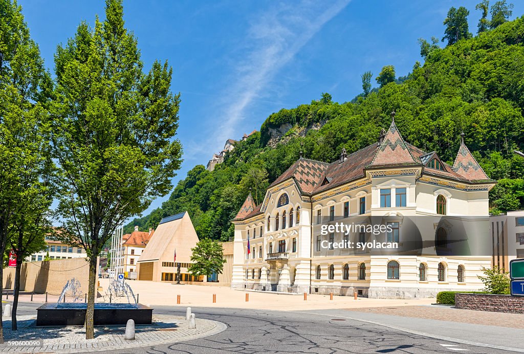 The Parliament building with Vaduz Castle in Liechtenstein
