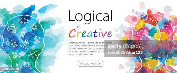 watercolor banner depicting logical vs creative thinking - creativity stock illustrations
