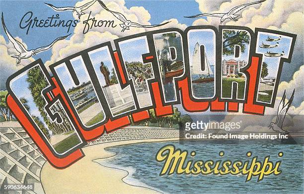 Vintage large letter illustrated postcard ‘Greetings from Gulfport Mississippi’ showing the coastline, sea gulls, white clouds, and other scenes.