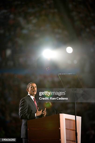 Democratic presidential Candidate Barack Obama addresses the Democratic National Convention at Invesco field in Denver, Colorado.