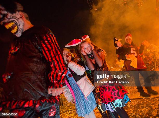 Kali Gustafson, left and her friend Skye Carraway right, in bunny ears, visit a house along with other trick or treaters in Williston, N.D. Oct 31,...