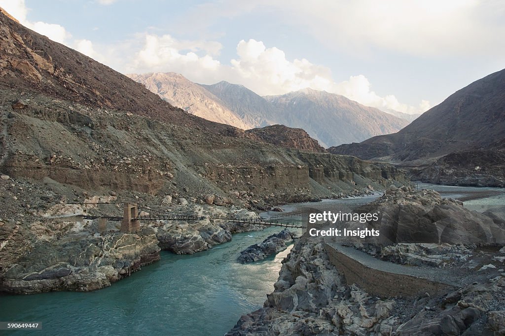Suspension Bridge Over The Indus River Gorge.