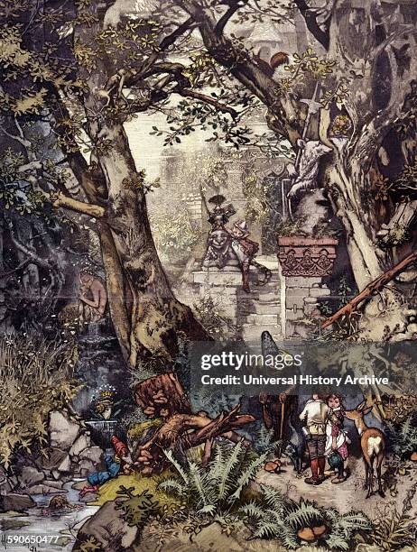 Illustration shows characters from German fairy tales, including Hansel and Gretel, Snow White and the Seven Dwarfs, and Puss in Boots, in a forest....