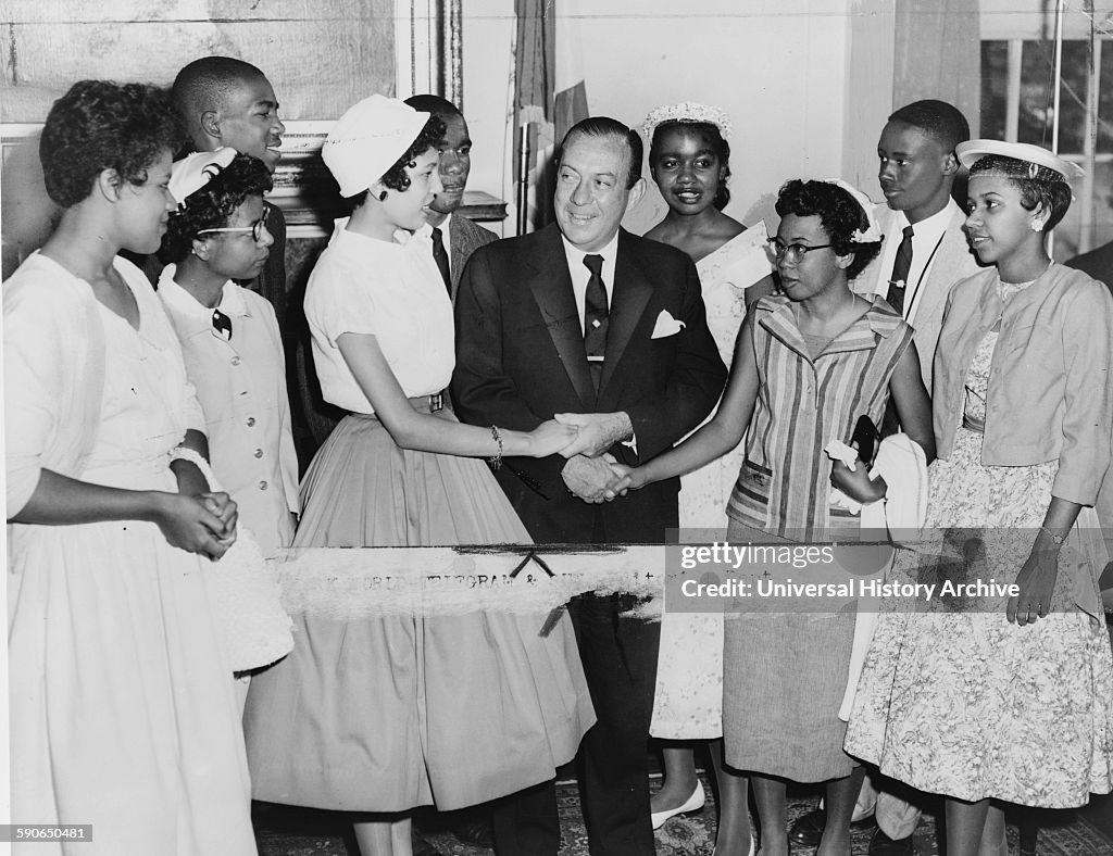 New York City Mayor Robert Wagner greeting teenagers at Central High School, Arkansas.