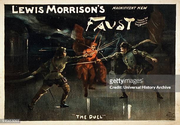 Advertisement poster for Lewis Morrison's 'Magnificent New Faust'. Showing a scene titled 'The Duel'.