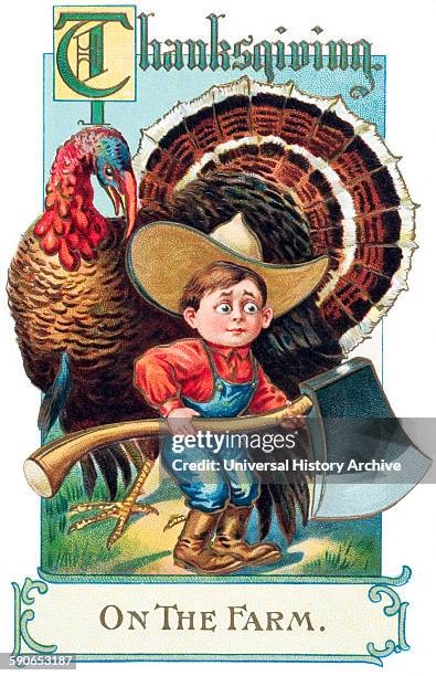 Thanksgiving greeting card with illustration of boy and turkey from 20th century.