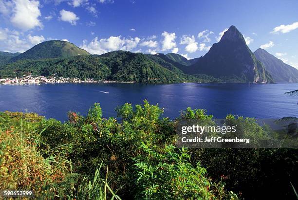 West Indies, St Lucia, Soufriere Bay And Les Pitons From Caribbean Side Of Island.