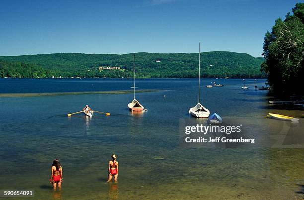Massachusetts, Stockbridge Bowl, The Berkshires, Sculling From Stockbridge Town Beach, Women In Lake Watch Sail Boats.