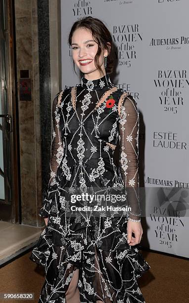 Lily James arriving at the Harper's Bazaar Women of the Year Awards at Claridges in London.
