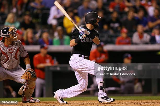 David Dahl of the Colorado Rockies watches his pinch hit two RBI double as catcher Wilson Ramos of the Washington Nationals looks on during the...