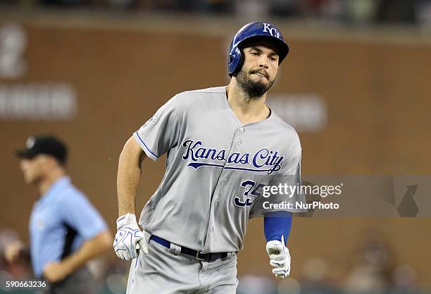 Kansas City Royals catcher Tony Cruz rounds the bases after his solo homerun in the seventh inning of a baseball game against the Detroit Tigers in...