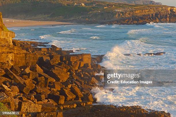 Azenhas do Mar, Cliffs at Praia das maças, das maças Beach, Colares, Lisbon district, Sintra coast, Portugal, Europe.