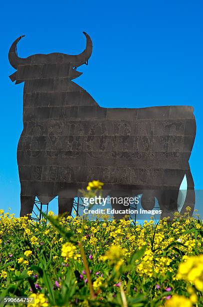 Bull silhouette, typical advertising of Spanish sherry Osborne, Malaga, Andalusia, Spain.