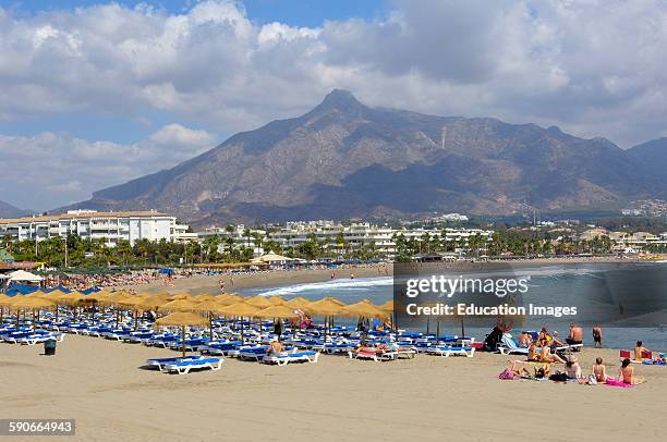 Puerto Banus beach, Marbella, Malaga province, Costa del Sol, Andalucia, Spain.