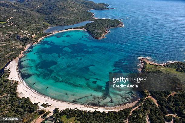 Aerial view over Rondinara Bay near Porto Vecchio in Southern Corsica