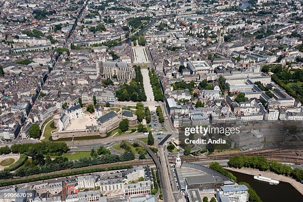 Aerial view over the city centre of Nantes, the district of the caslte, the building called "Tour Lu" and the factory "Lu", the Castle of the Dukes...