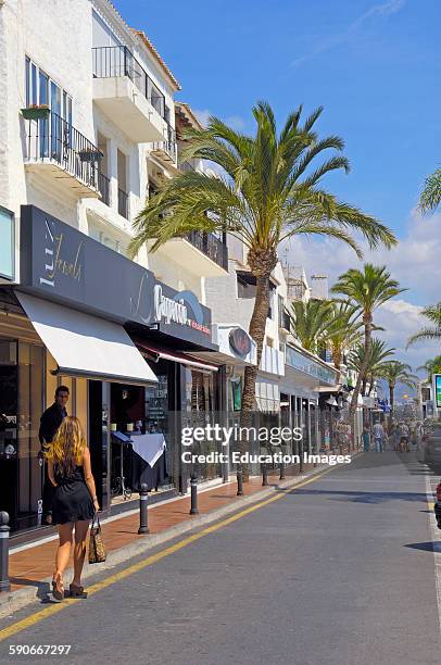 Luxury shops at the exclusive yacht harbor of Puerto Banus, Marbella, Costa del Sol, Malaga province, Andalusia, Spain.