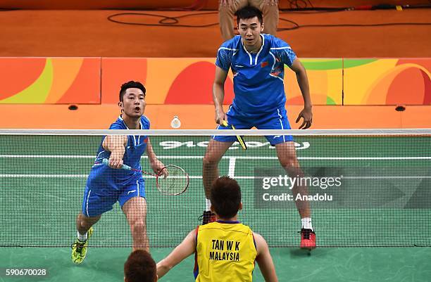 Chai Biao and Hong Wei of China compete against Goh V Shem and Tan Wee Kiong of Malaysia in the Mens Doubles Semi-final on Day 11 of the 2016 Rio...