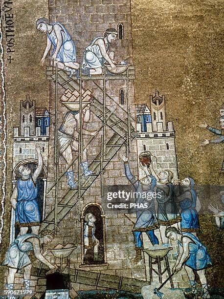 Italy, Venice. Saint Mark's Basilica. North vault. Construction of the tower of Babel. Mosaic of the 13th century.