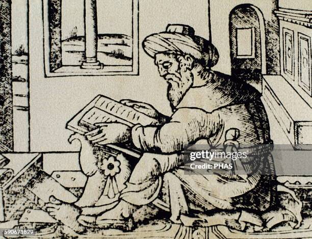 Averroes . Ibn Rushd. Medieval Andalusian Muslim polymath. Portrait. Averroes in his studio. Engraving at 'Colliget Venetis' .